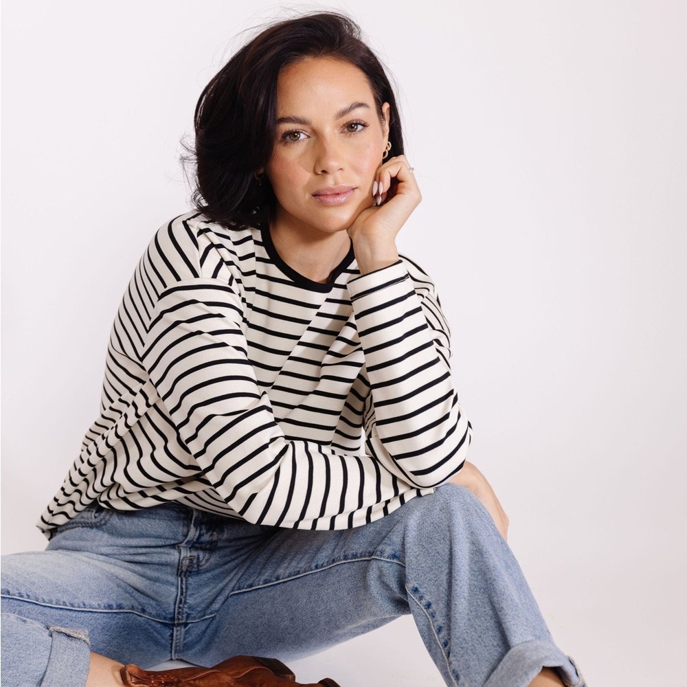 All: Row Isla Striped Tee in Cream Black Size Medium.